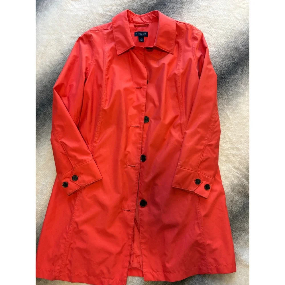 Lands End Womens Coral Pink Trench Coat Jacket Button Front L 14-16 Single